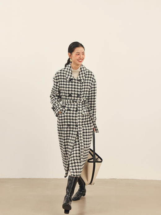HeyDress千鸟格毛呢外套女秋冬法式复古宽松中长款羊毛大衣 商品图4