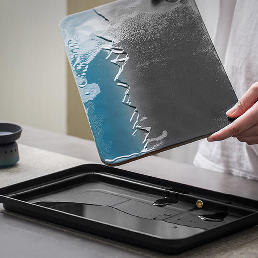 陶瓷茶盘家用小型茶托盘干泡台储水泡茶盘功夫茶具托盘排水式茶海 伊-山川海浪方形盘S3a 商品图7