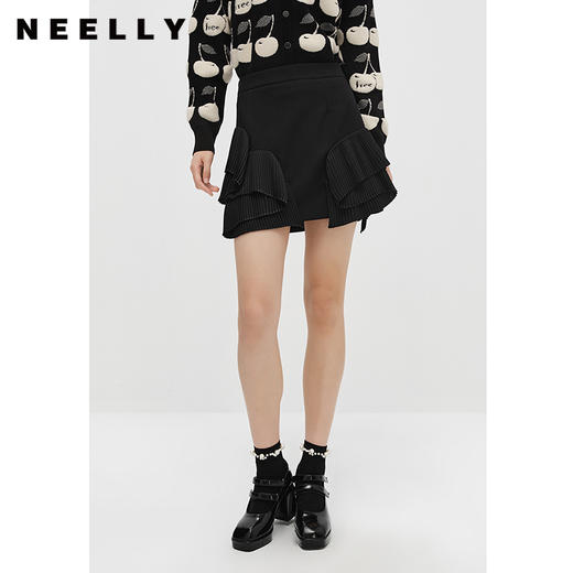 NEELLY纳俪商场同款2022冬季新款高腰半身裙女设计感黑色A字短裙N22103E01088 商品图0