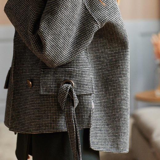欧芮儿女装2019冬新款翻领格子大衣长袖羊毛双面呢毛呢外套 商品图2