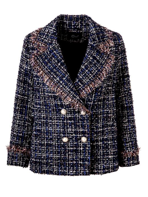 欧芮儿2019秋宽松翻领花色大衣女长袖流苏毛呢外套女中长款 商品图3