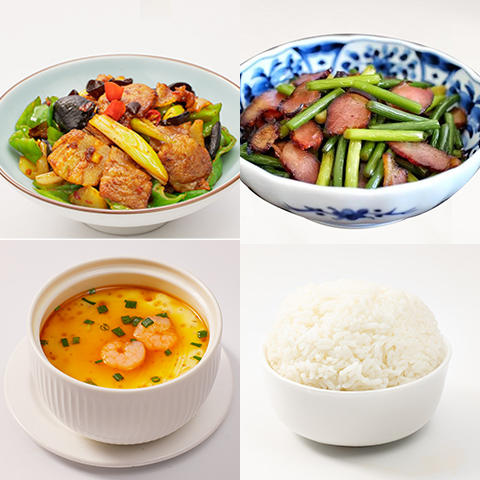 回锅肉+虾仁蒸蛋+腊味蒜苔+米饭 商品图0