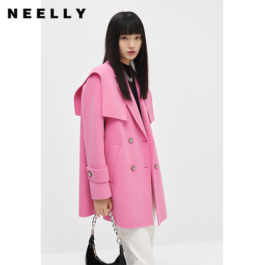 NEELLY纳俪商场同款千鸟格毛呢外套女中长款双排扣翻领减龄大衣冬N22103N01078 商品图3