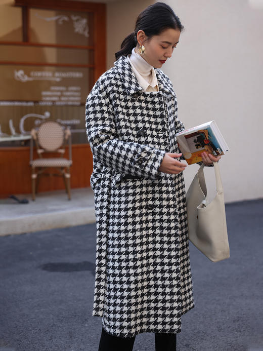 HeyDress千鸟格毛呢外套女秋冬法式复古宽松中长款羊毛大衣 商品图2