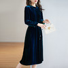 真丝丝绒连衣裙腰间系带孔雀蓝复古立领中长款蚕丝裙ZS-9123 商品缩略图2