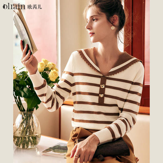 OLrain欧芮儿法式条纹毛衣女秋季2022年新款减龄洋气海军领针织衫 商品图4