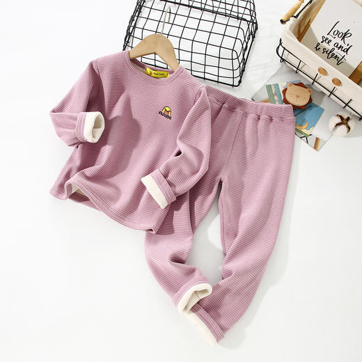 【母婴用品】-秋冬儿童内衣男女童条纹加绒德绒宝宝保暖内衣两件套 商品图1