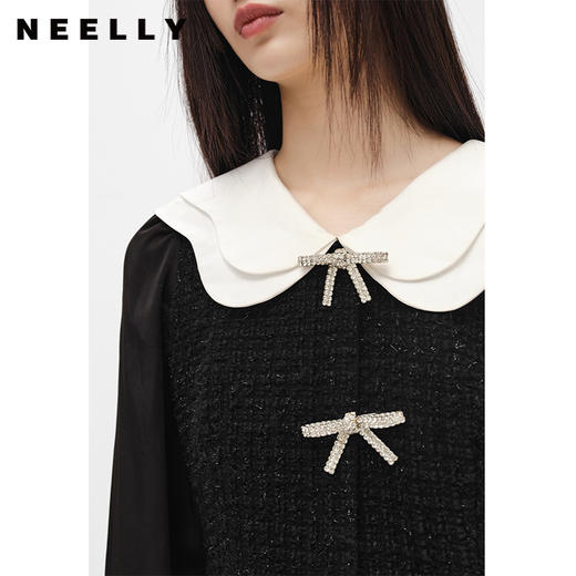 NEELLY纳俪商场同款撞色娃娃领连衣裙女中长款拼接袖毛呢a字裙冬N22103Y01087 商品图3