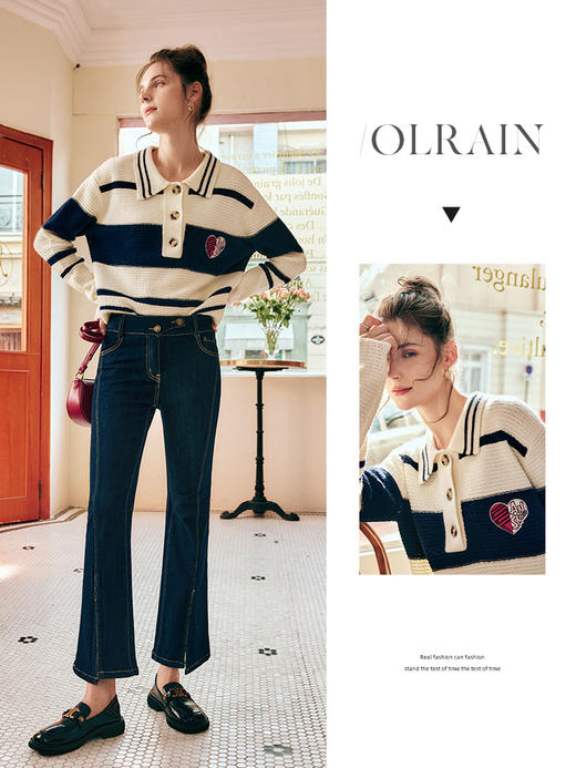 OLrain欧芮儿法式条纹毛衣女春季2025年新款学院风polo领针织上衣 商品图0