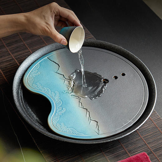 陶瓷储水式干泡茶盘日式家用小茶台茶海功夫茶具圆形茶盘托盘 山川海浪茶盘-蓝黑-大V3a 商品图5