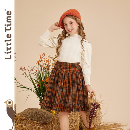 littletime女童百褶裙秋冬2022小格子复古A字半身裙英伦加绒短裙 商品图1