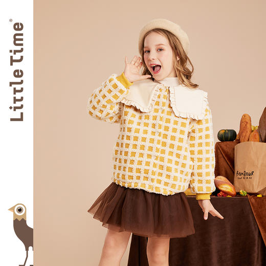 littletime女童毛绒外套加厚2022秋冬装新款儿童翻领格子保暖上衣 商品图1