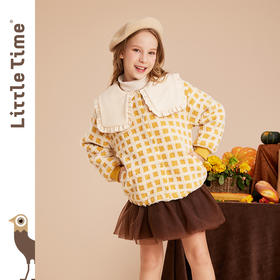 littletime女童毛绒外套加厚2022秋冬装新款儿童翻领格子保暖上衣
