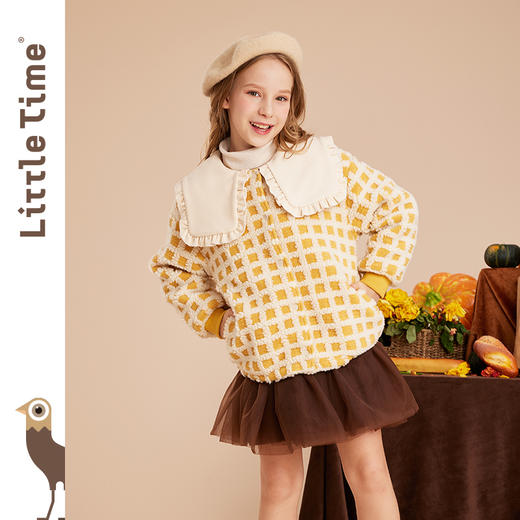 littletime女童毛绒外套加厚2022秋冬装新款儿童翻领格子保暖上衣 商品图0