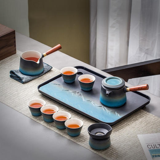 陶瓷功夫茶具套装家用客厅陶瓷茶杯茶盘轻奢现代泡茶整套礼盒 伊-楼宇双侧把套装（9头）+茶盘VH2b 商品图2