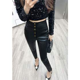 BeQueenStory 【长腿贵妇】高腰金属扣小腿不规则皮裤休闲裤