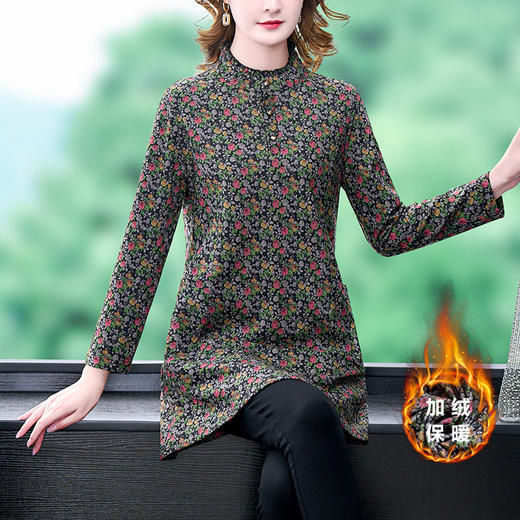 秋冬新款，中长款立领印花加厚德绒连衣裙KQL-818 商品图0