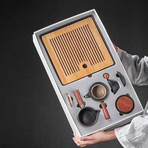 陶瓷功夫茶壶茶具套装家用轻奢泡茶陶瓷茶杯茶盘礼盒小套 黑陶金边双侧把套装（13头-带盘） 商品图6