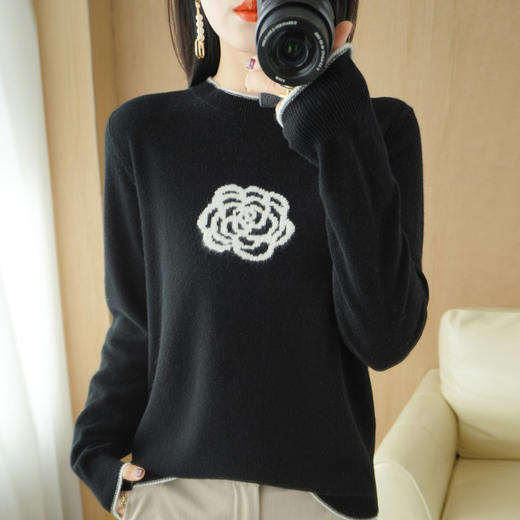 QHJY-JYZS22804新款撞色边山茶花针织衫毛衣欧美圆领长袖秋冬打底衫一件 商品图3