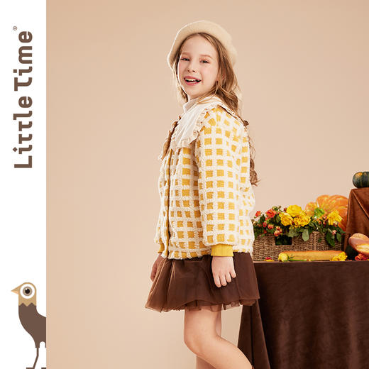littletime女童毛绒外套加厚2022秋冬装新款儿童翻领格子保暖上衣 商品图3