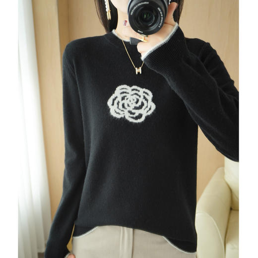 QHJY-JYZS22804新款撞色边山茶花针织衫毛衣欧美圆领长袖秋冬打底衫一件 商品图6