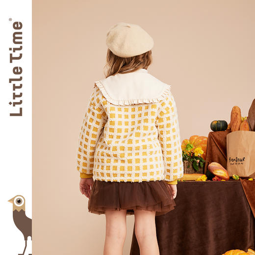 littletime女童毛绒外套加厚2022秋冬装新款儿童翻领格子保暖上衣 商品图4