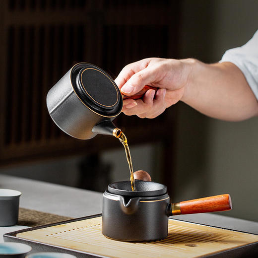 陶瓷功夫茶壶茶具套装家用轻奢泡茶陶瓷茶杯茶盘礼盒小套 黑陶金边双侧把套装（13头-带盘） 商品图8