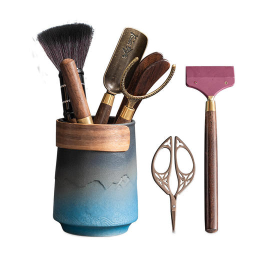 陶瓷六君子泡茶工具配件黑檀木茶刮茶夹茶针茶剪刀6君子套装 怀远君子桶（有扣）+五君子 商品图3