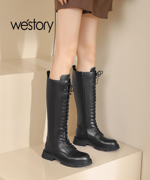 westory2022年秋冬新款黑色长靴交叉系带显瘦骑士靴82521 商品图3