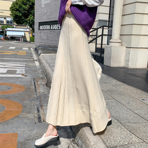 黛唯梵针织半身裙女秋冬天百褶伞裙中长款高腰a字毛线长裙子遮胯显瘦厚 商品图0
