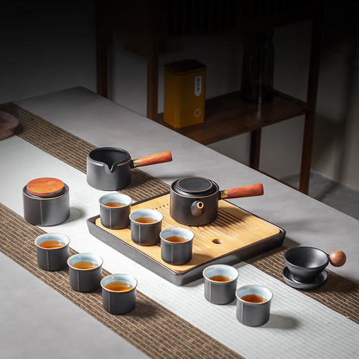 陶瓷功夫茶壶茶具套装家用轻奢泡茶陶瓷茶杯茶盘礼盒小套 黑陶金边双侧把套装（13头-带盘） 商品图0