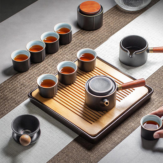 陶瓷功夫茶壶茶具套装家用轻奢泡茶陶瓷茶杯茶盘礼盒小套 黑陶金边双侧把套装（13头-带盘） 商品图4