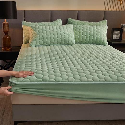 素色六边形牛奶绒夹棉床笠秋冬保暖床套席梦思床垫保护套防滑床罩 商品图5