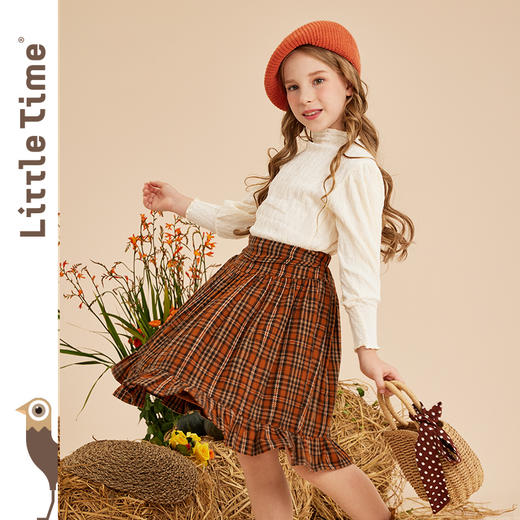 littletime女童百褶裙秋冬2022小格子复古A字半身裙英伦加绒短裙 商品图2