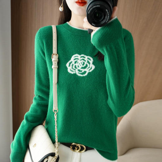 QHJY-JYZS22804新款撞色边山茶花针织衫毛衣欧美圆领长袖秋冬打底衫一件 商品图7
