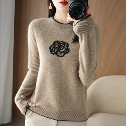 QHJY-JYZS22804新款撞色边山茶花针织衫毛衣欧美圆领长袖秋冬打底衫一件 商品图0