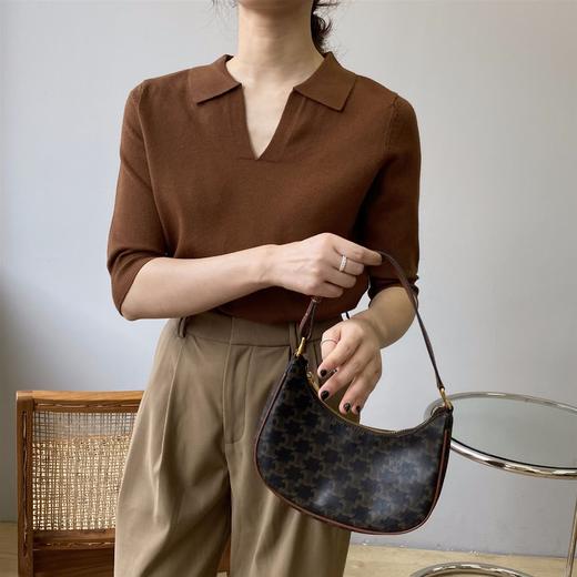 黛唯梵套头polo领针织衫8150 秋季纯色翻领修身上衣五分袖宽松女士毛衣 商品图4