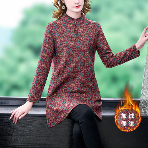 秋冬新款，中长款立领印花加厚德绒连衣裙KQL-818 商品图1