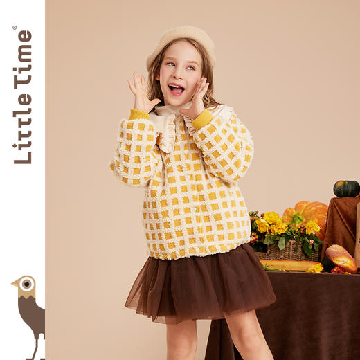littletime女童毛绒外套加厚2022秋冬装新款儿童翻领格子保暖上衣 商品图2