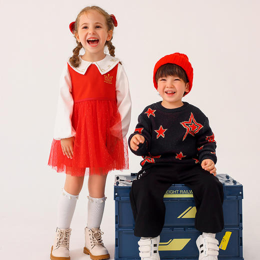 商场同款棉果果冬季女童圆领背心连衣裙毛呢网纱背心裙红色显白气质M422702422641 商品图1