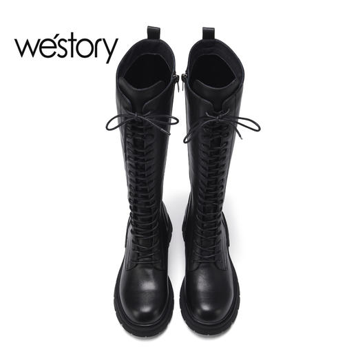 westory2022年秋冬新款黑色长靴交叉系带显瘦骑士靴82521 商品图4