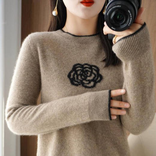 QHJY-JYZS22804新款撞色边山茶花针织衫毛衣欧美圆领长袖秋冬打底衫一件 商品图2