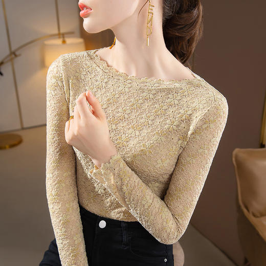 DYSL-L2D3091新款时尚洋气紧身花边一字肩长袖蕾丝打底衫 商品图2