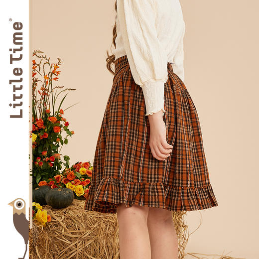 littletime女童百褶裙秋冬2022小格子复古A字半身裙英伦加绒短裙 商品图3