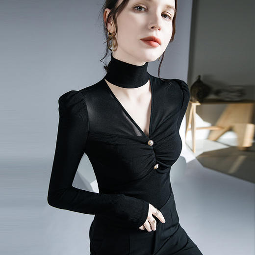 【FSJ】FN2022908 气质挂脖高领上衣秋冬新款内搭打底衫微透褶皱长袖 商品图2