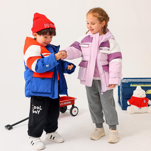 商场同款棉果果冬季男童连帽经配色时尚潮流撞色拼色中长款羽绒服M412102922707 商品图0