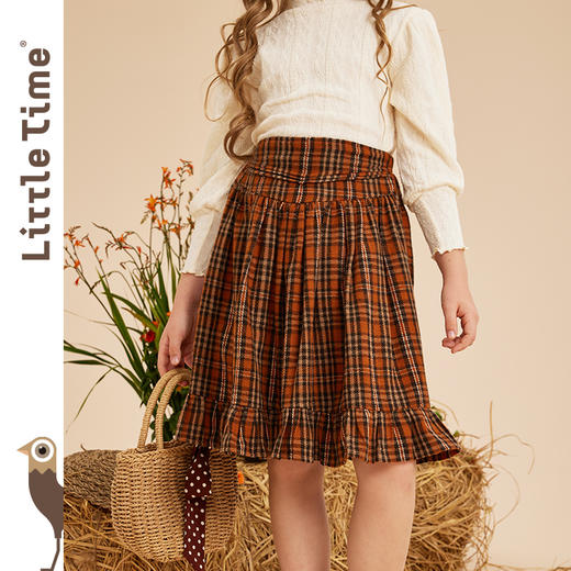 littletime女童百褶裙秋冬2022小格子复古A字半身裙英伦加绒短裙 商品图0