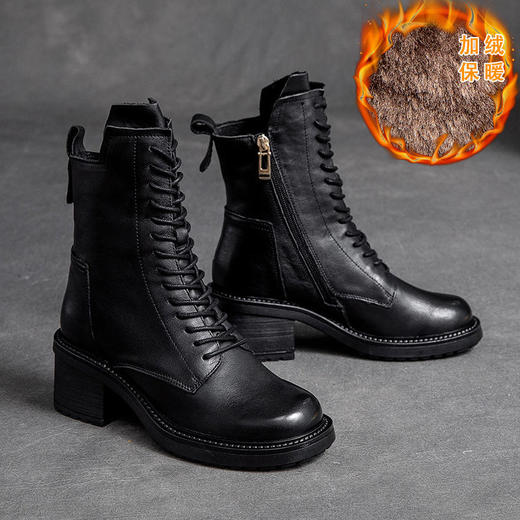 JZ-60883圆头粗跟牛皮时尚马丁靴中高跟侧拉链烟筒靴 商品图8