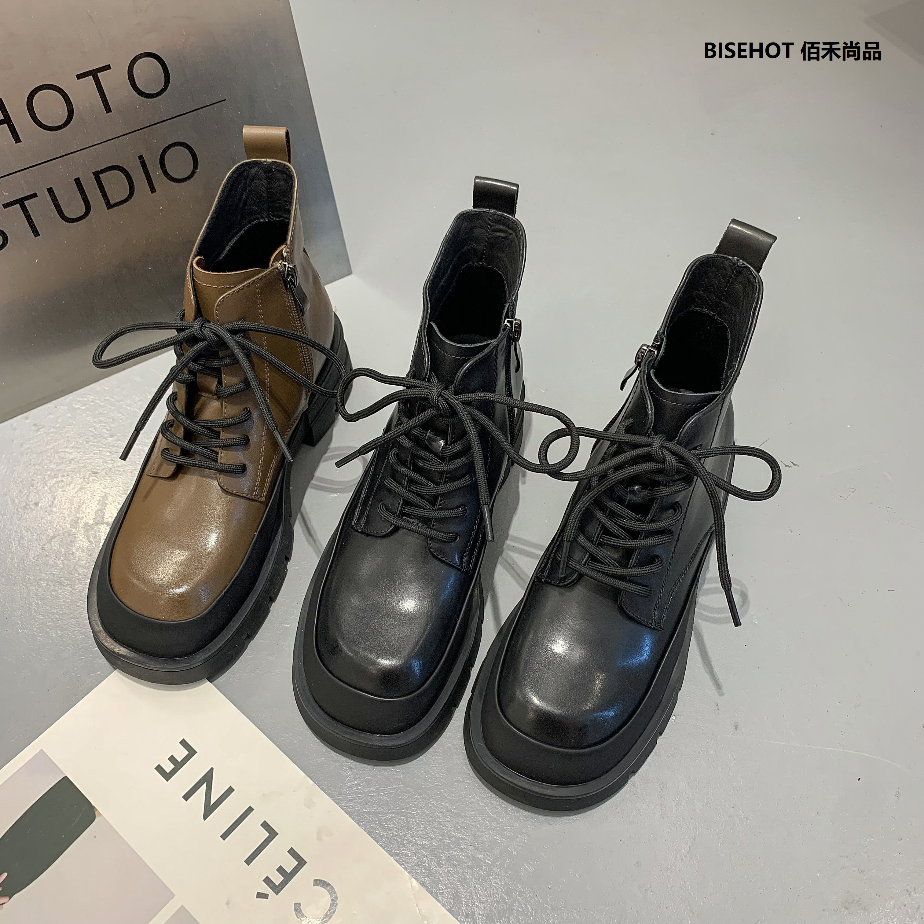 新品冬季加绒牛皮系带马丁靴846B25509