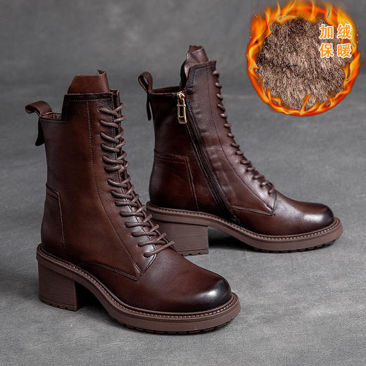 JZ-60883圆头粗跟牛皮时尚马丁靴中高跟侧拉链烟筒靴 商品图7